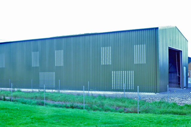 A large green building in the distance with an open roller door